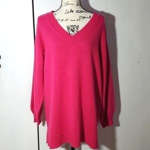 Lane Bryant- Womens Bright Pink Vneck Sweater Cable Knit Barbiecore Sz.14/16